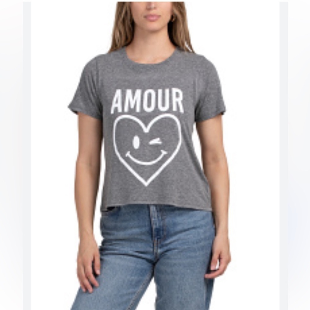 Cinq à Sept Heathered Gray Amour Cotton Smiley Heart Graphic Tee sz M